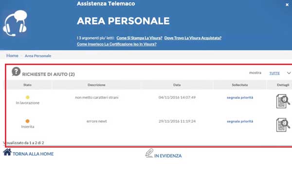 AREA PERSONALE LE MIE DOMANDE ASSISTENZA REGISTRO IMPRESE