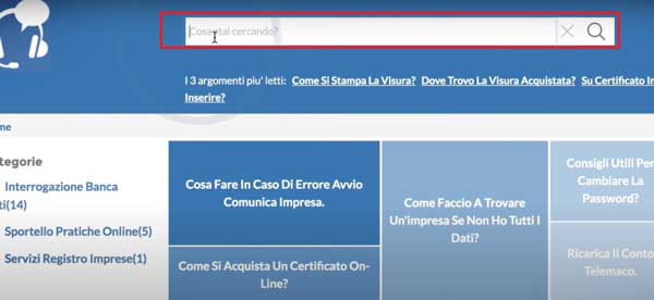 BARRA DI RICERCA ASSISTENZA REGISTRO IMPRESE