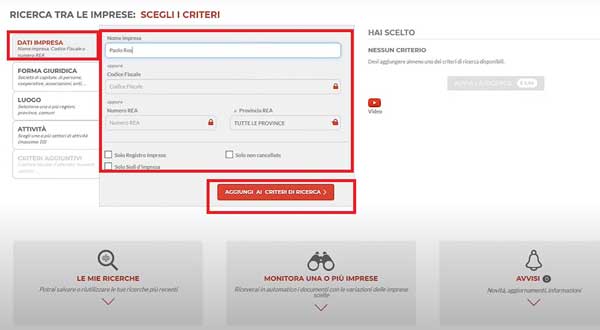 RICERCA PER DATI AZIENDALI REGISTRO IMPRESE