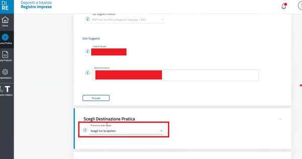 SCEGLI DESTINAZIONE PRATICA PIATTAFORMA DIRE REGISTRO IMPRESE