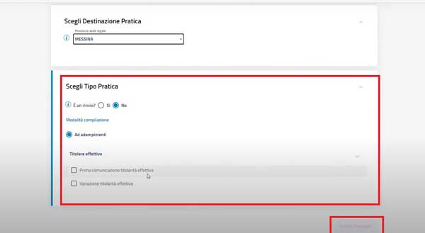 SCEGLI TIPO PRATICA PIATTAFORMA DIRE REGISTRO IMPRESE