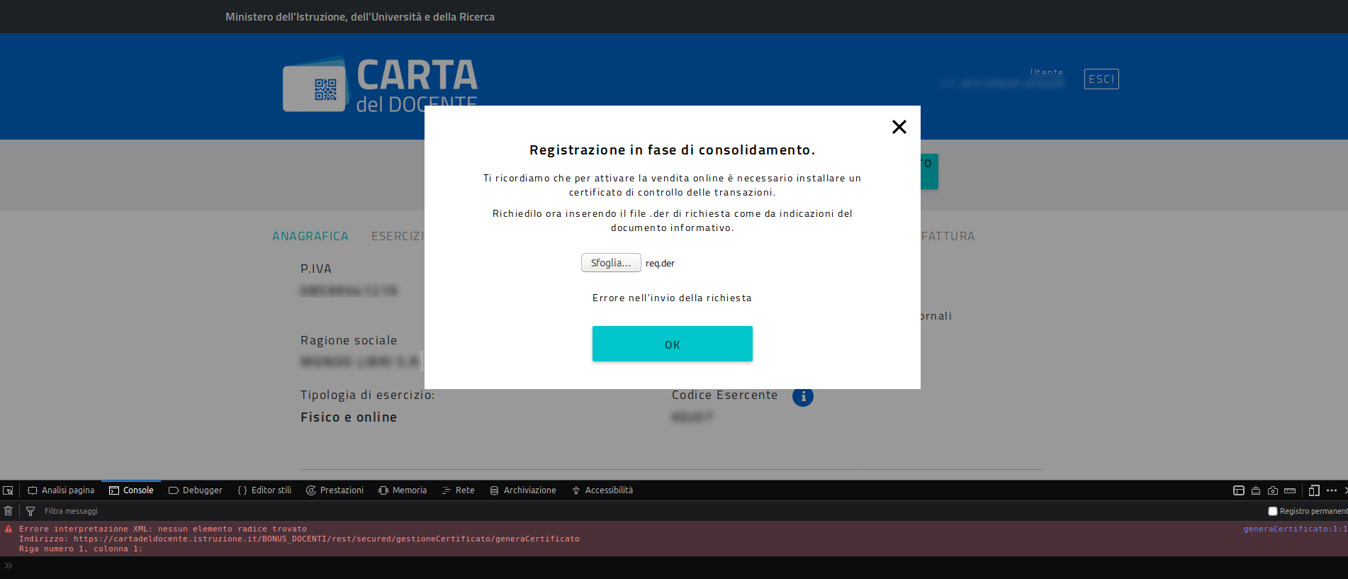 Errore con Carta del Docente