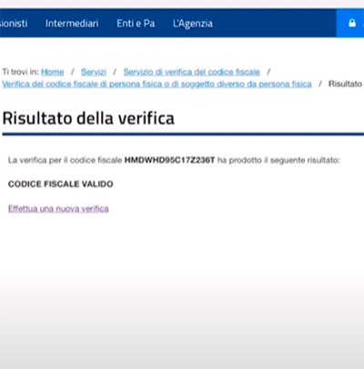 resultato della verifica codice fiscale